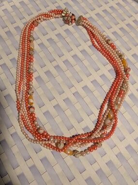 Vintage Multi-Strand Coral Pink & Faux Pearl Statement Necklace